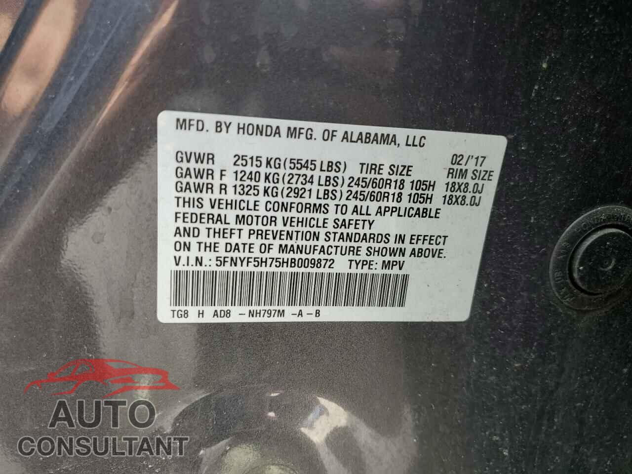 HONDA PILOT 2017 - 5FNYF5H75HB009872