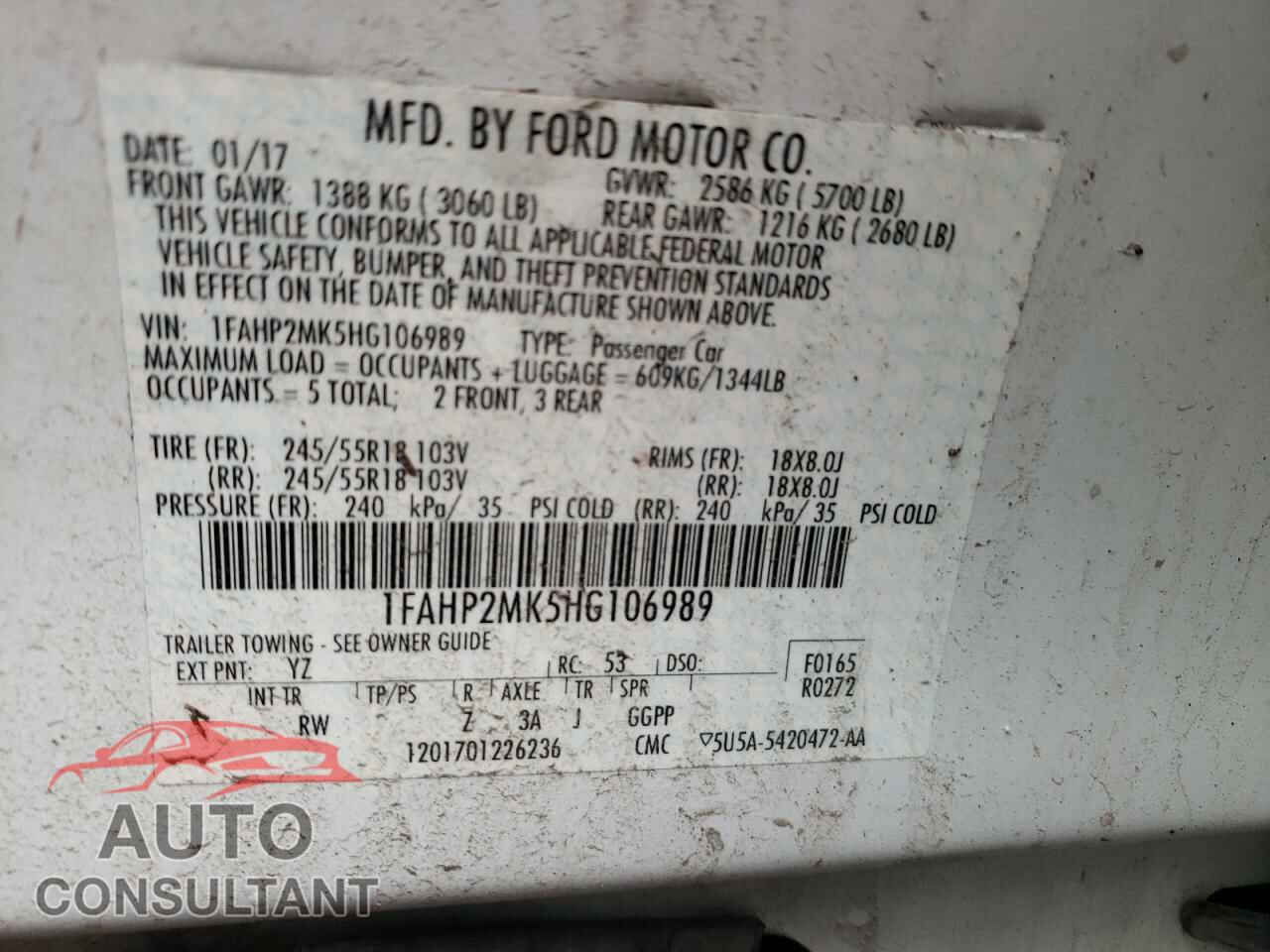 FORD TAURUS 2017 - 1FAHP2MK5HG106989