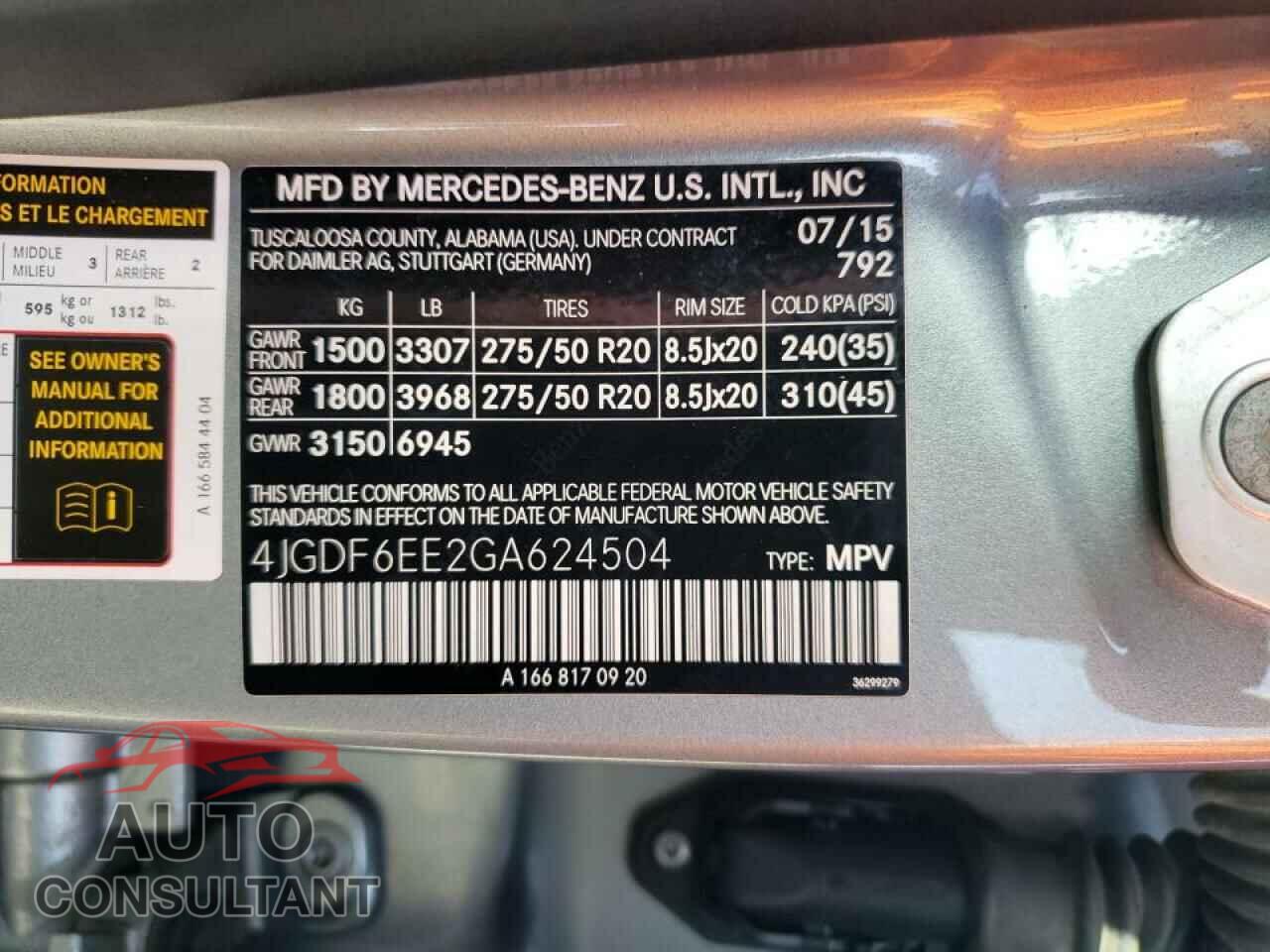MERCEDES-BENZ GL-CLASS 2016 - 4JGDF6EE2GA624504