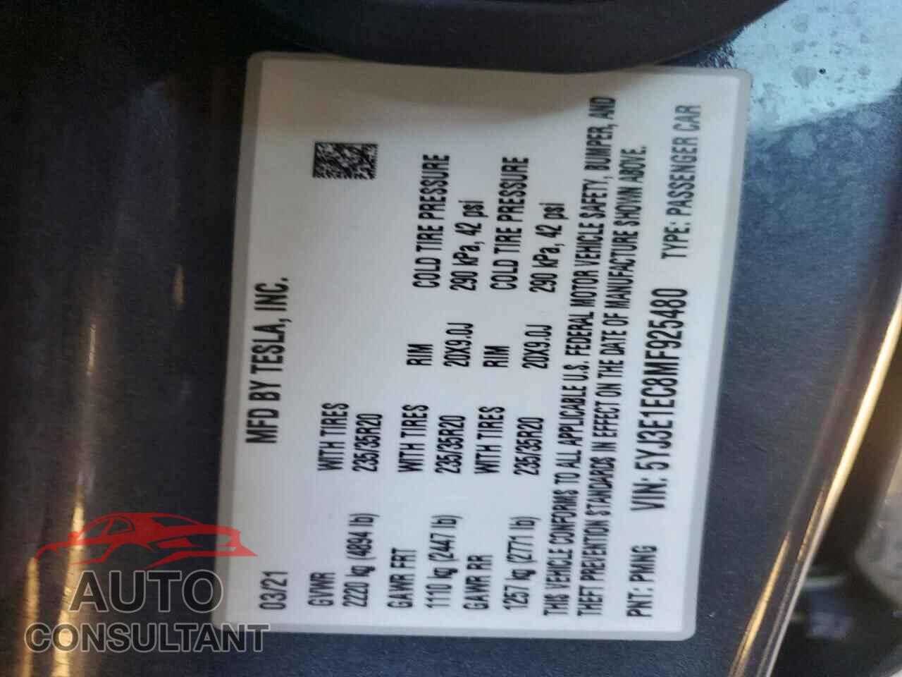 TESLA MODEL 3 2021 - 5YJ3E1EC8MF925480
