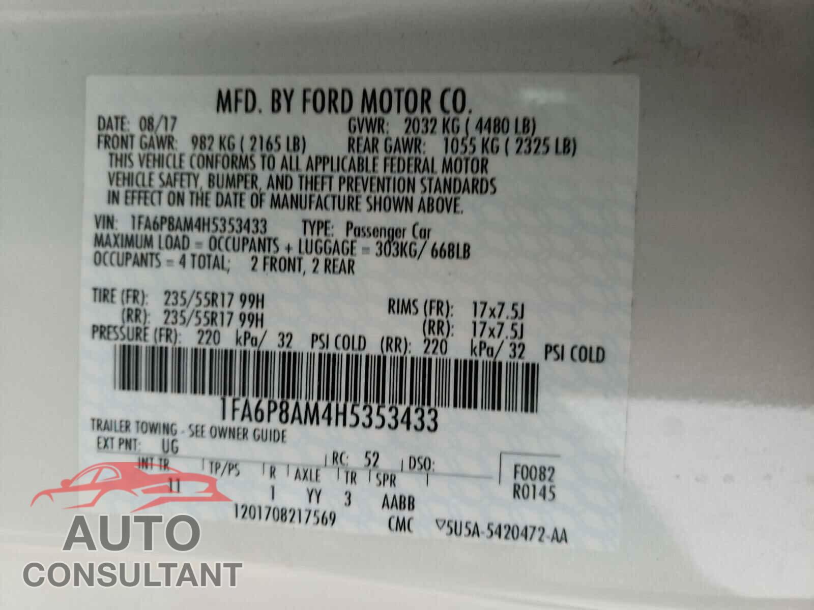 FORD MUSTANG 2017 - 1FA6P8AM4H5353433