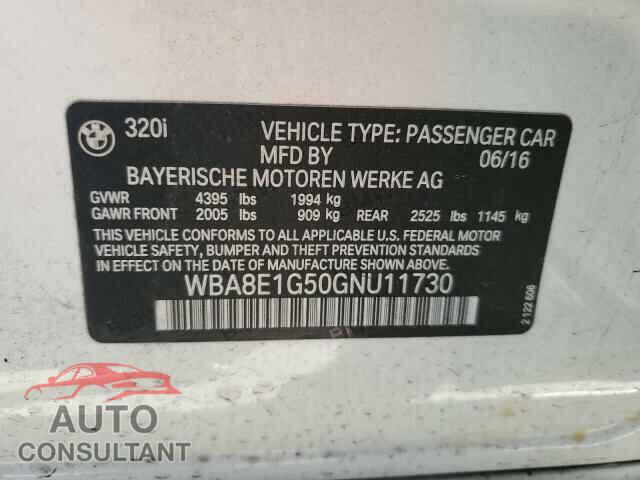 BMW 3 SERIES 2016 - WBA8E1G50GNU11730