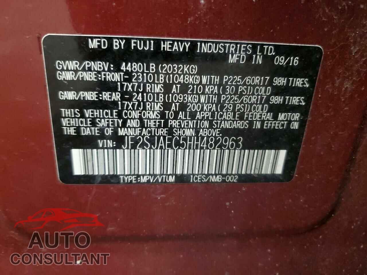 SUBARU FORESTER 2017 - JF2SJAEC5HH482963