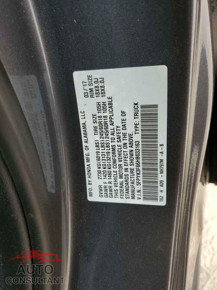 HONDA RIDGELINE 2017 - 5FPYK3F66HB033163