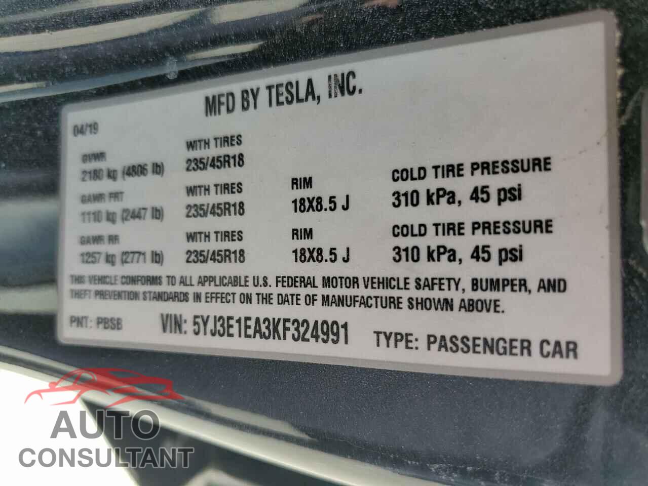 TESLA MODEL 3 2019 - 5YJ3E1EA3KF324991