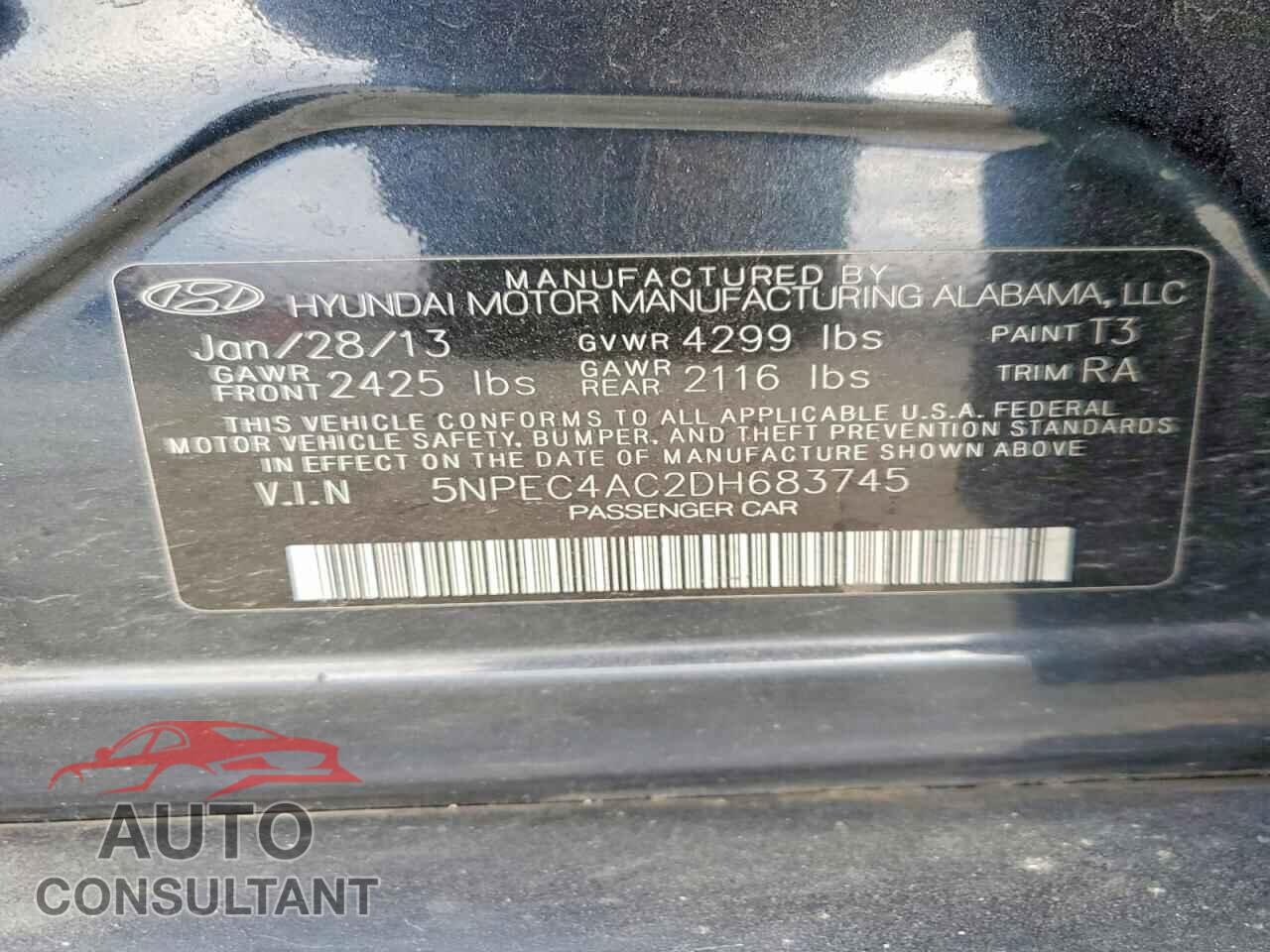 HYUNDAI SONATA 2013 - 5NPEC4AC2DH683745