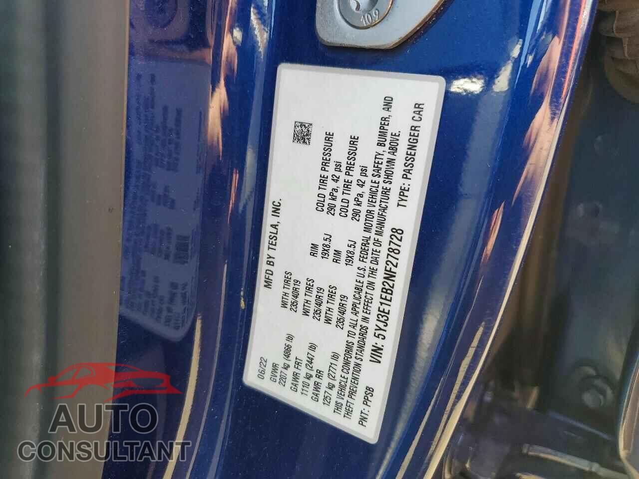 TESLA MODEL 3 2022 - 5YJ3E1EB2NF278728
