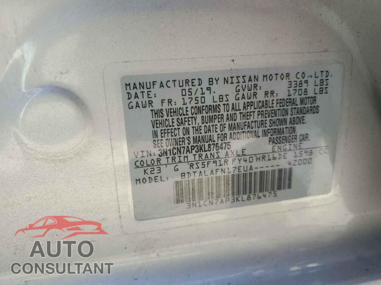 NISSAN VERSA 2019 - 3N1CN7AP3KL876475