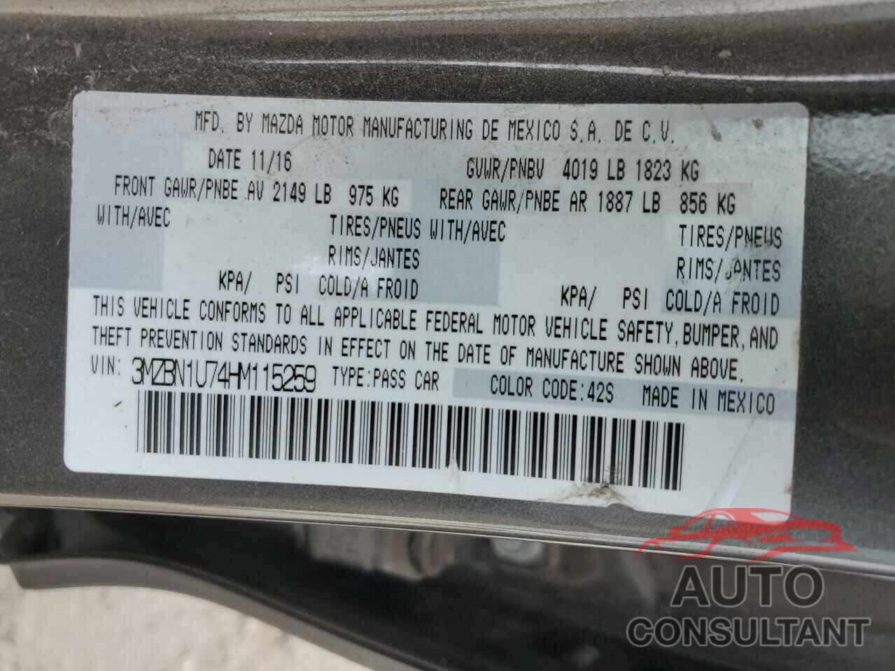 MAZDA 3 2017 - 3MZBN1U74HM115259