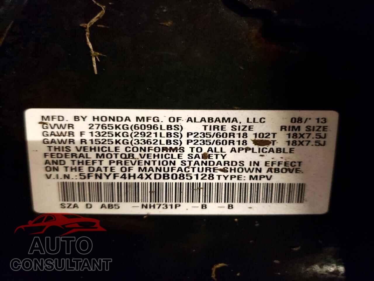 HONDA PILOT 2013 - 5FNYF4H4XDB085128