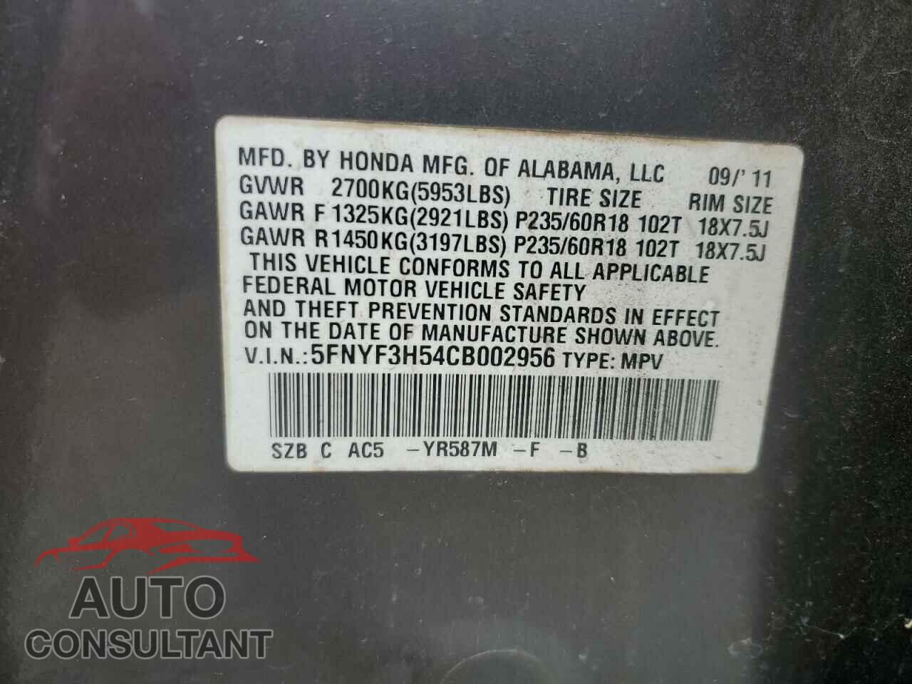 HONDA PILOT 2012 - 5FNYF3H54CB002956