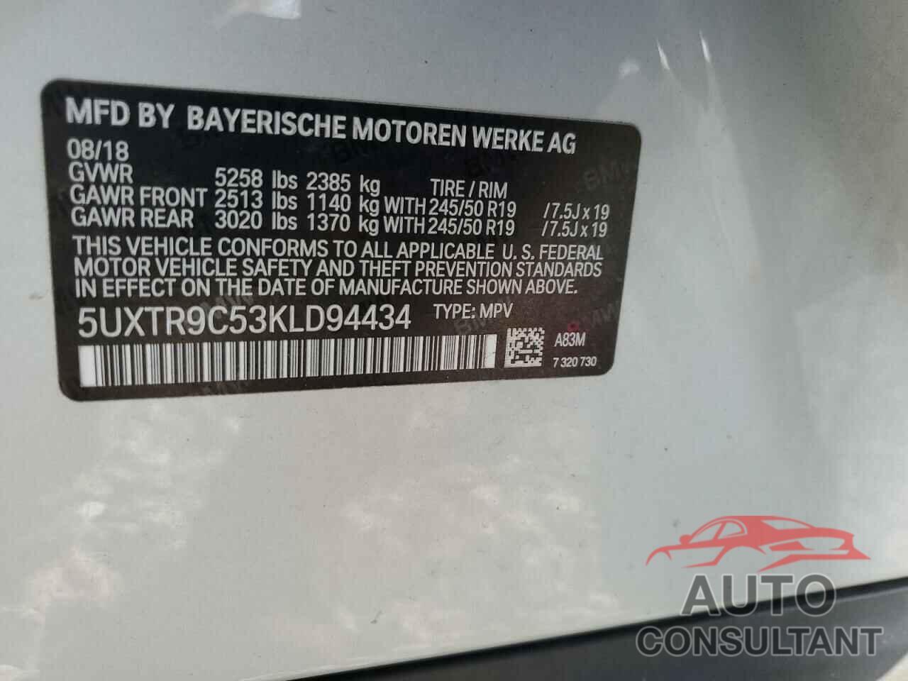 BMW X3 2019 - 5UXTR9C53KLD94434