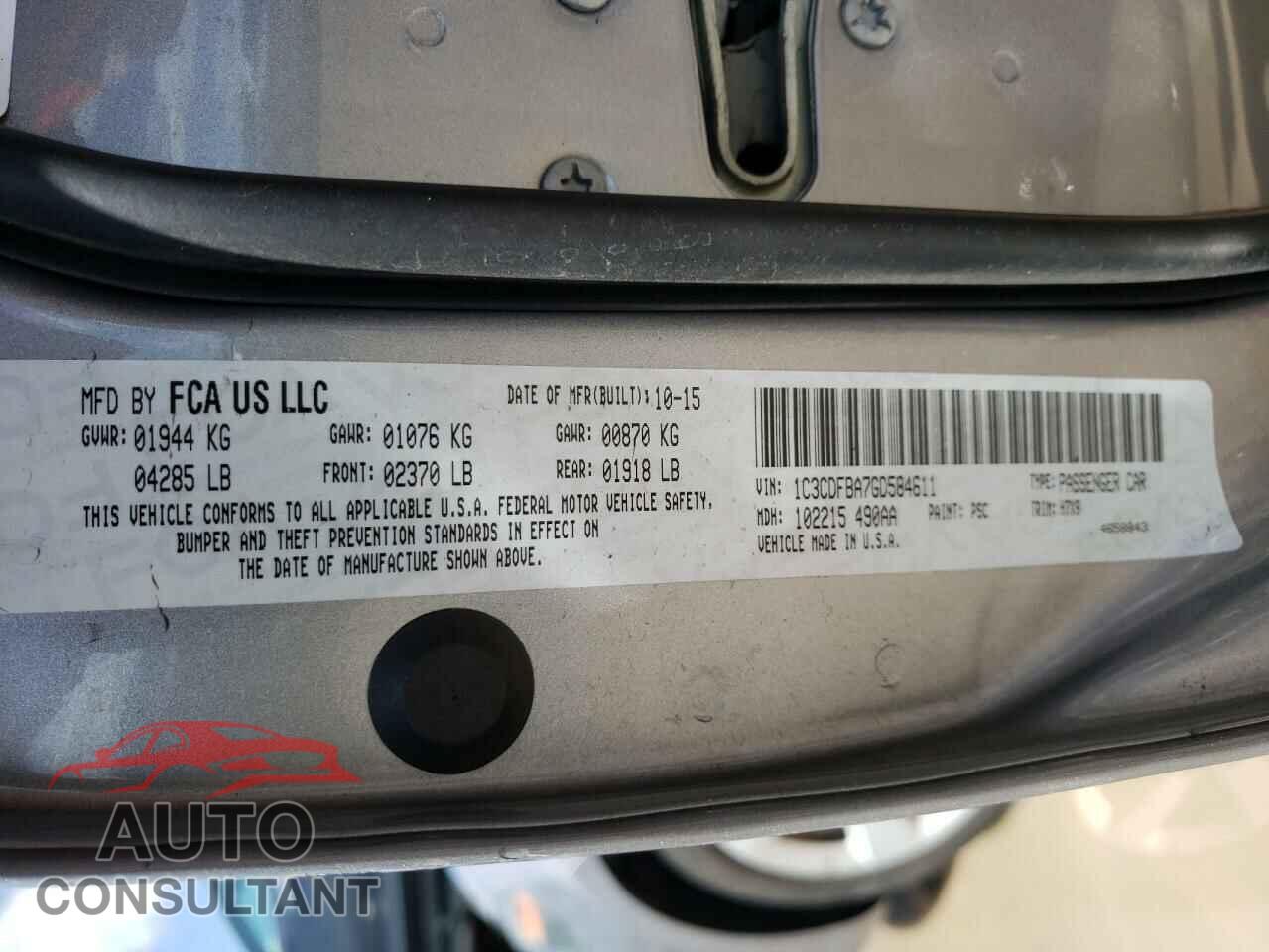 DODGE DART 2016 - 1C3CDFBA7GD584611