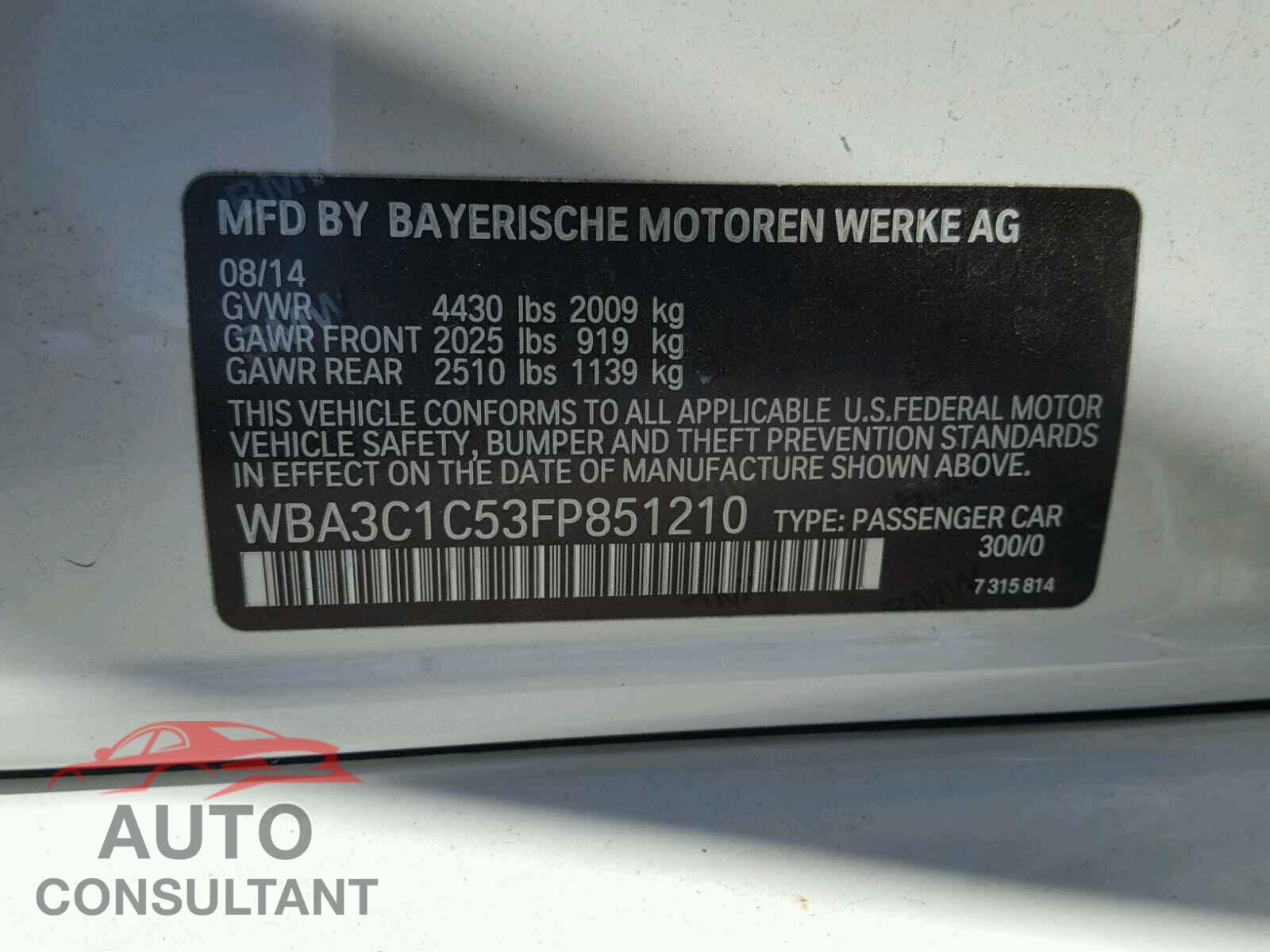BMW 3 SERIES 2015 - WBA3C1C53FP851210
