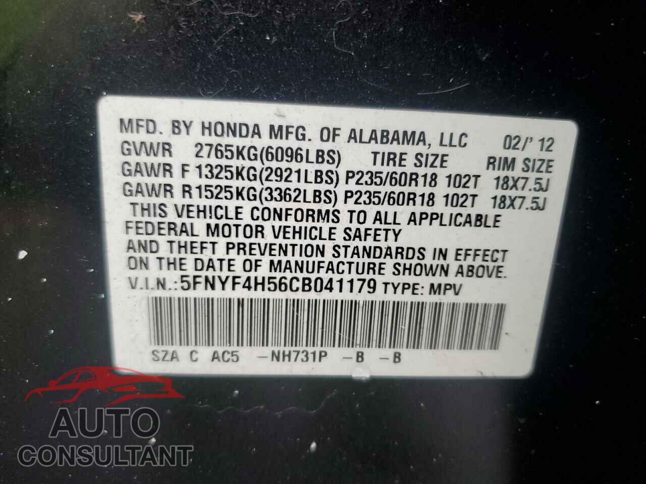 HONDA PILOT 2012 - 5FNYF4H56CB041179