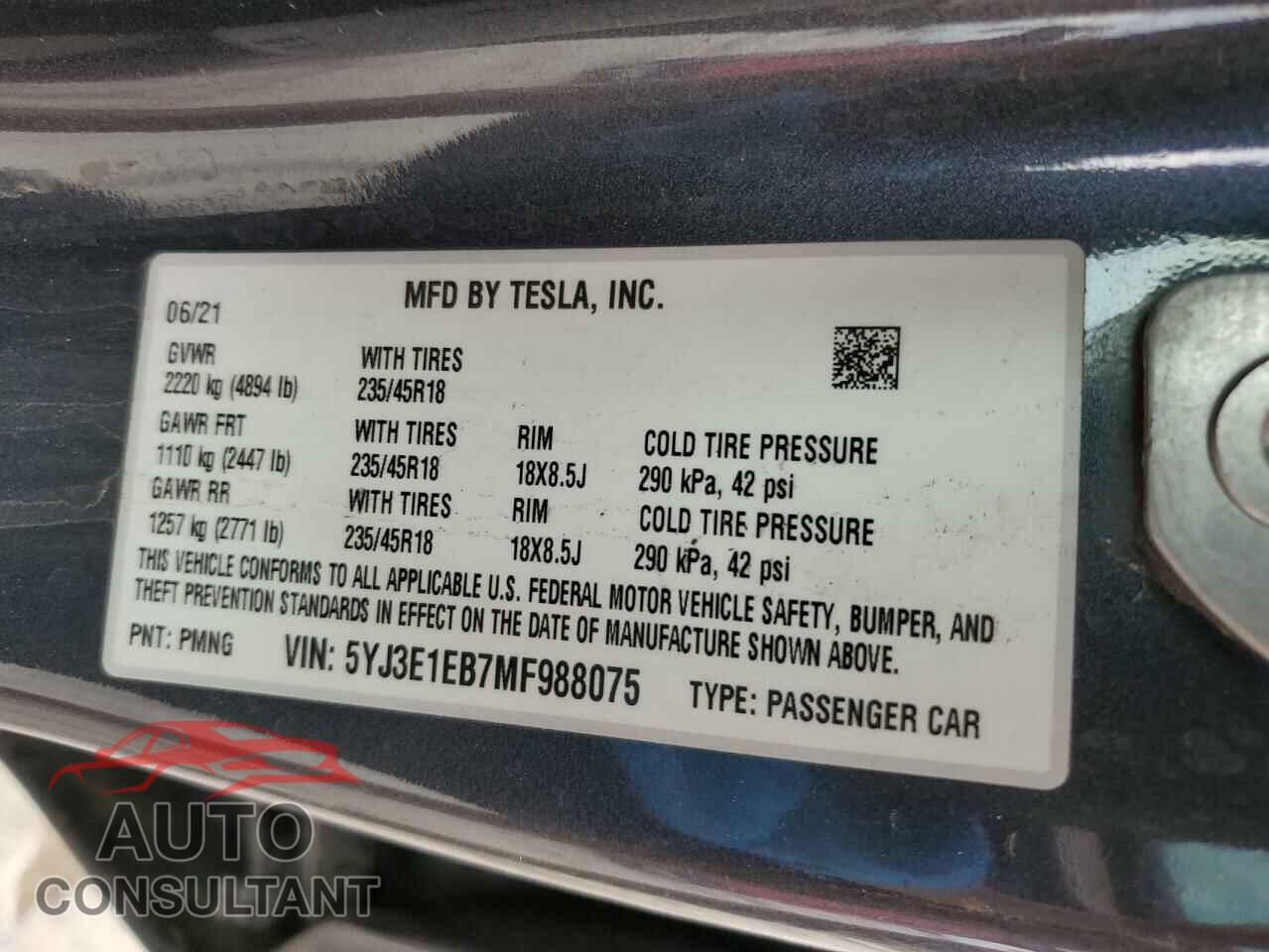 TESLA MODEL 3 2021 - 5YJ3E1EB7MF988075