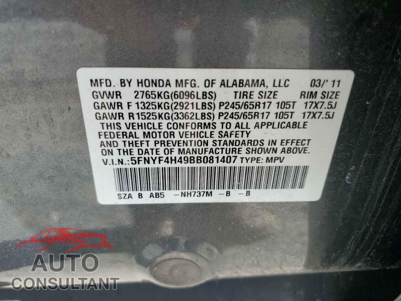 HONDA PILOT 2011 - 5FNYF4H49BB081407