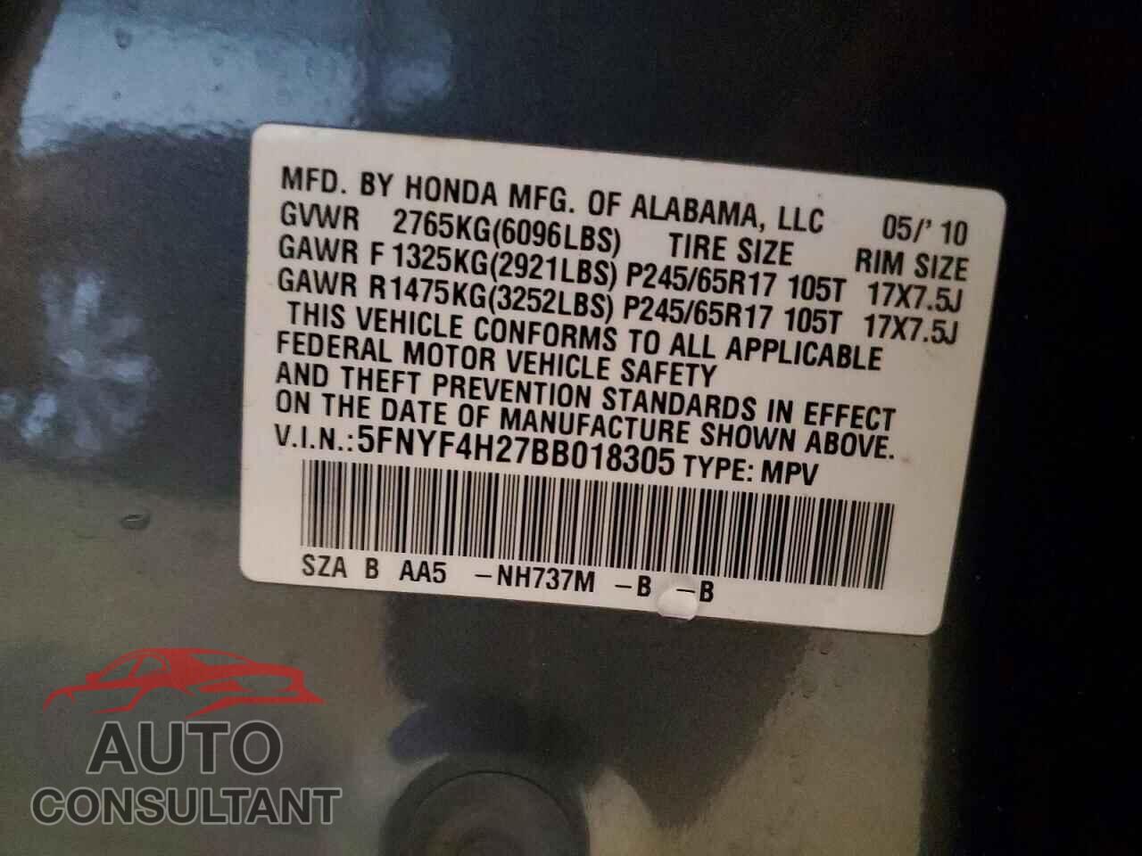 HONDA PILOT 2011 - 5FNYF4H27BB018305
