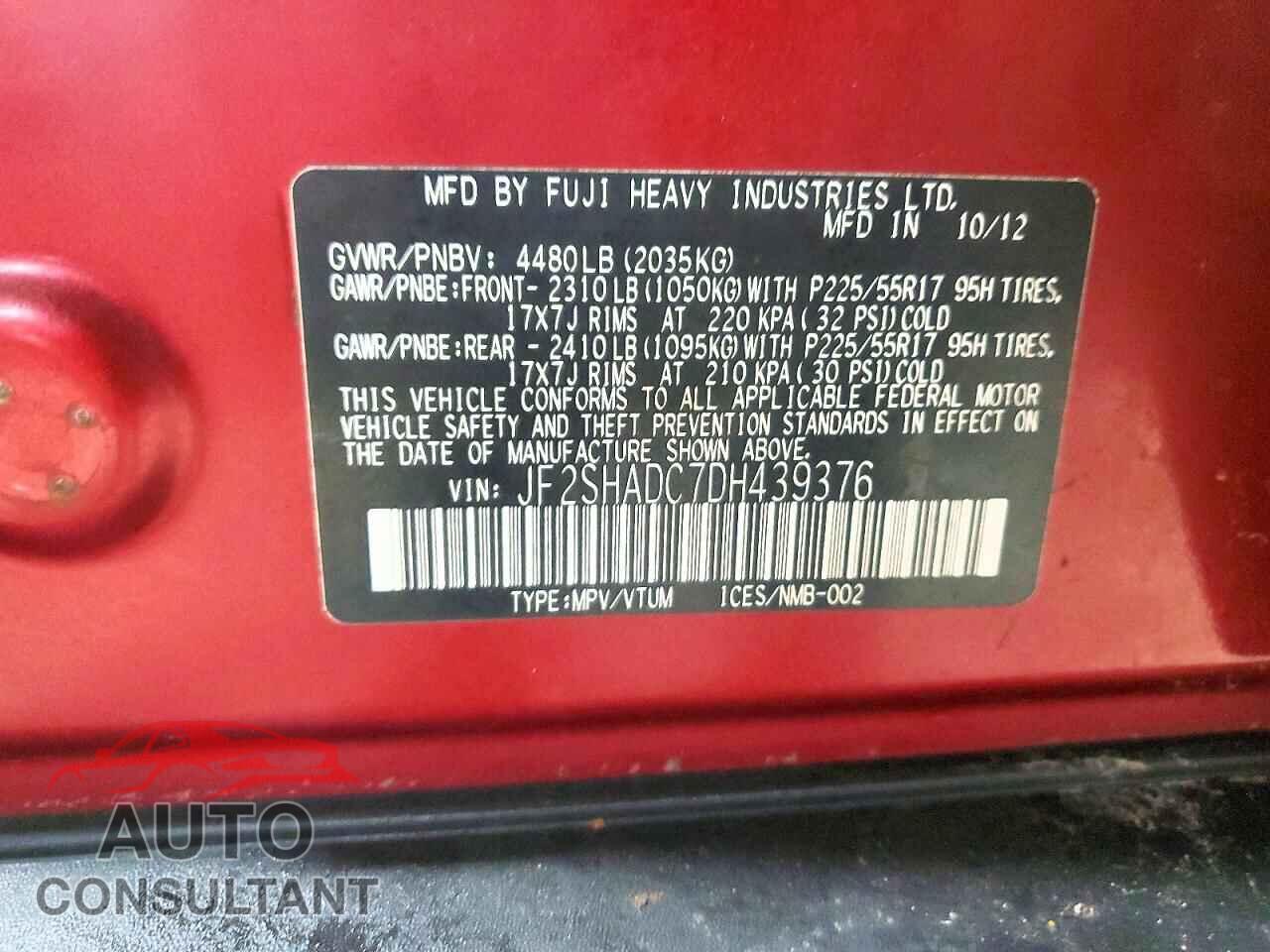 SUBARU FORESTER 2013 - JF2SHADC7DH439376