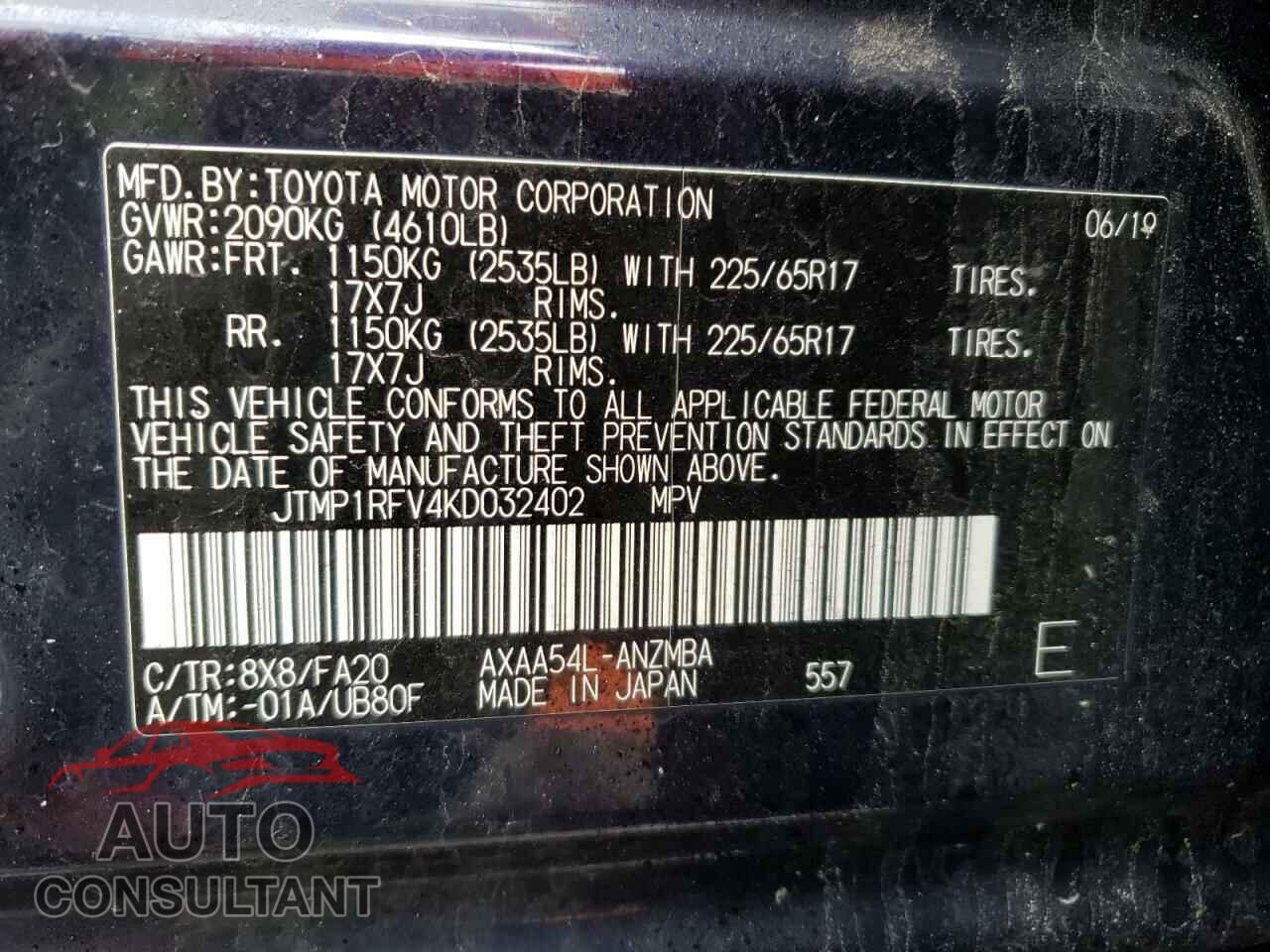 TOYOTA RAV4 2019 - JTMP1RFV4KD032402