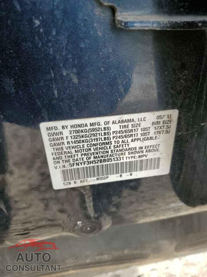 HONDA PILOT 2011 - 5FNYF3H52BB051331