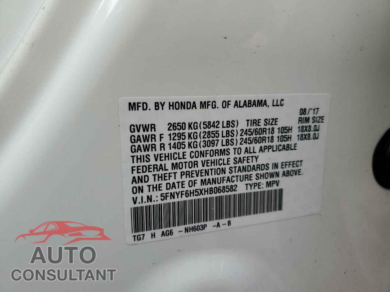 HONDA PILOT 2017 - 5FNYF6H5XHB068582