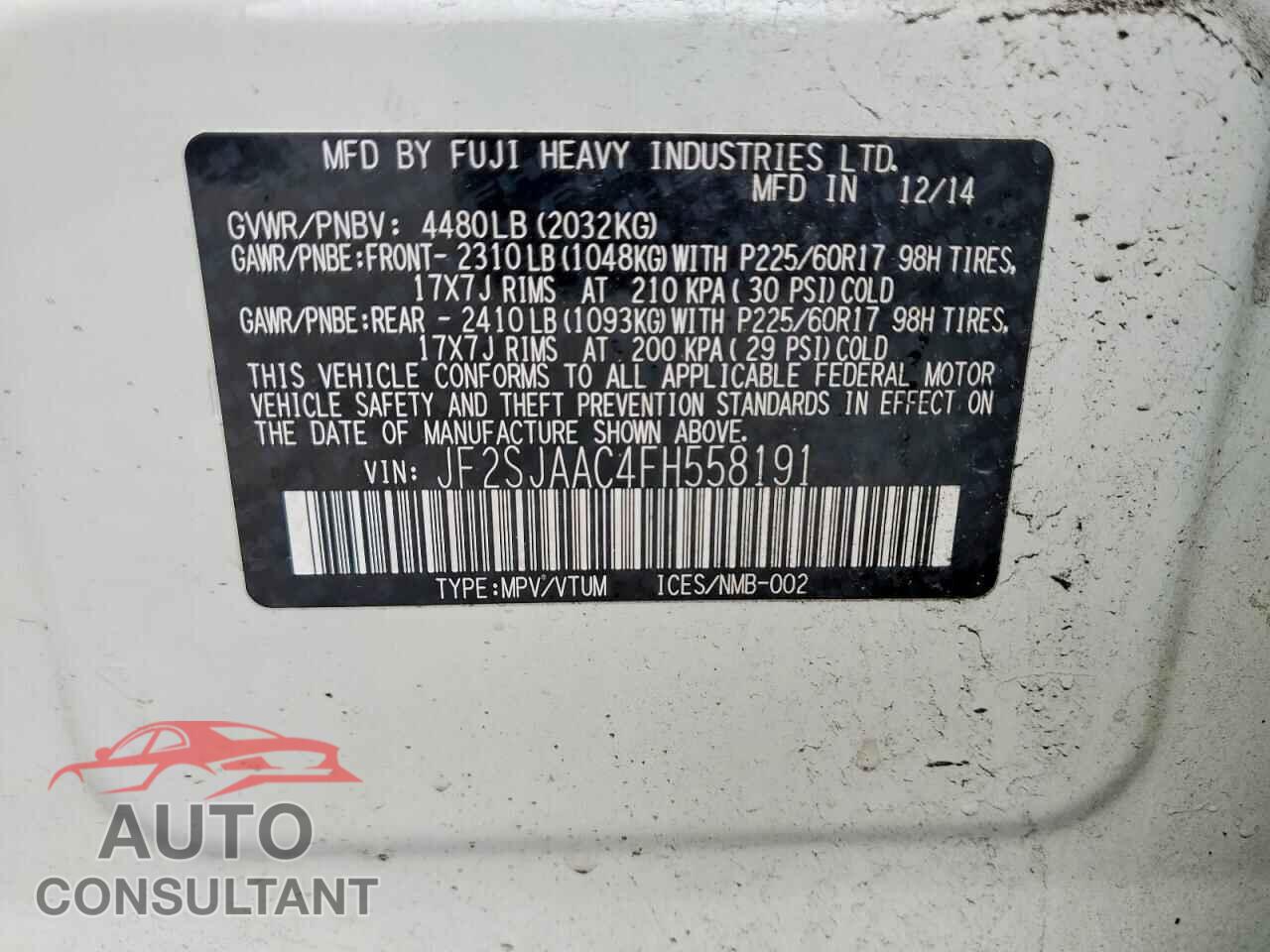 SUBARU FORESTER 2015 - JF2SJAAC4FH558191
