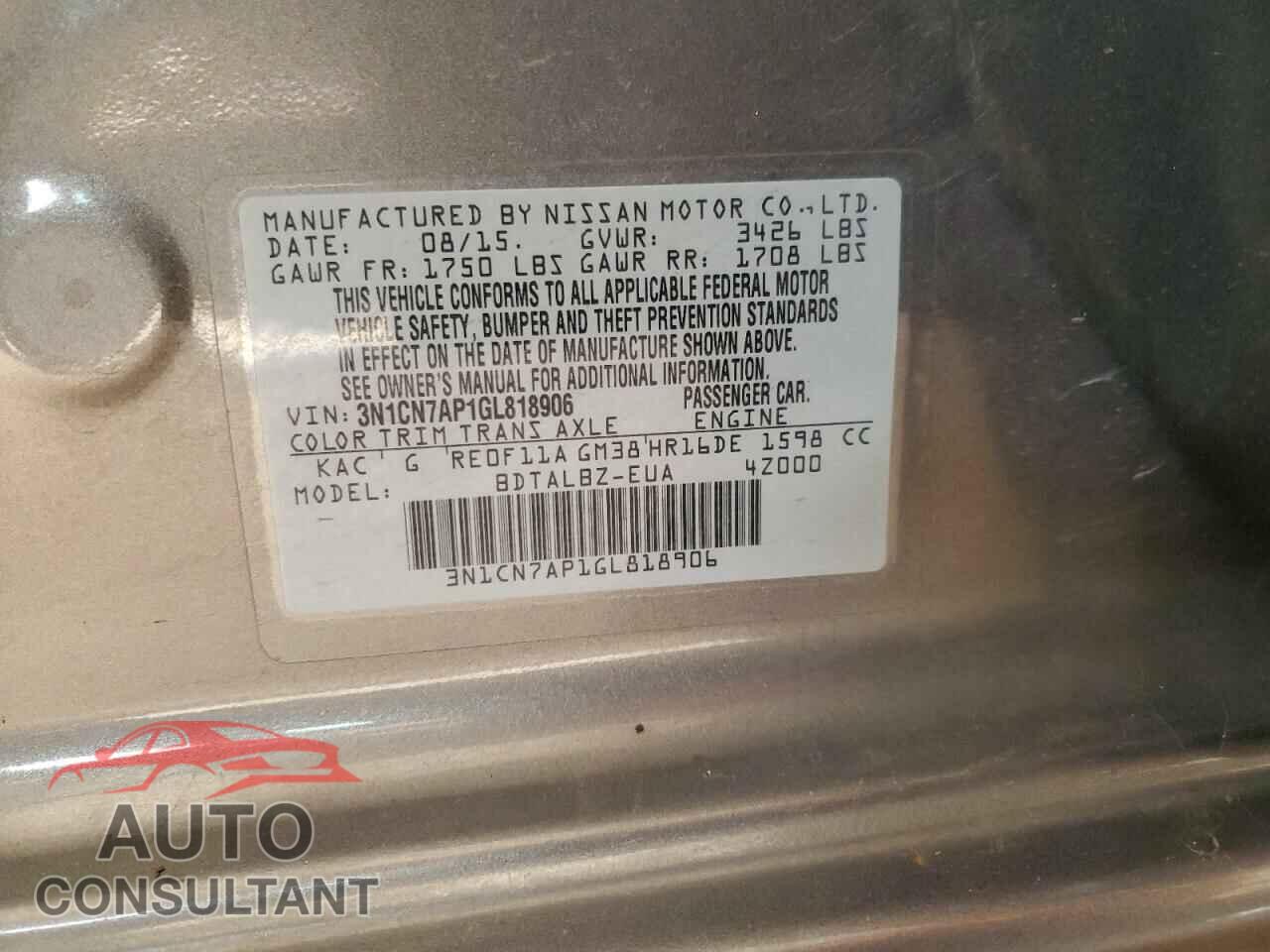 NISSAN VERSA 2016 - 3N1CN7AP1GL818906