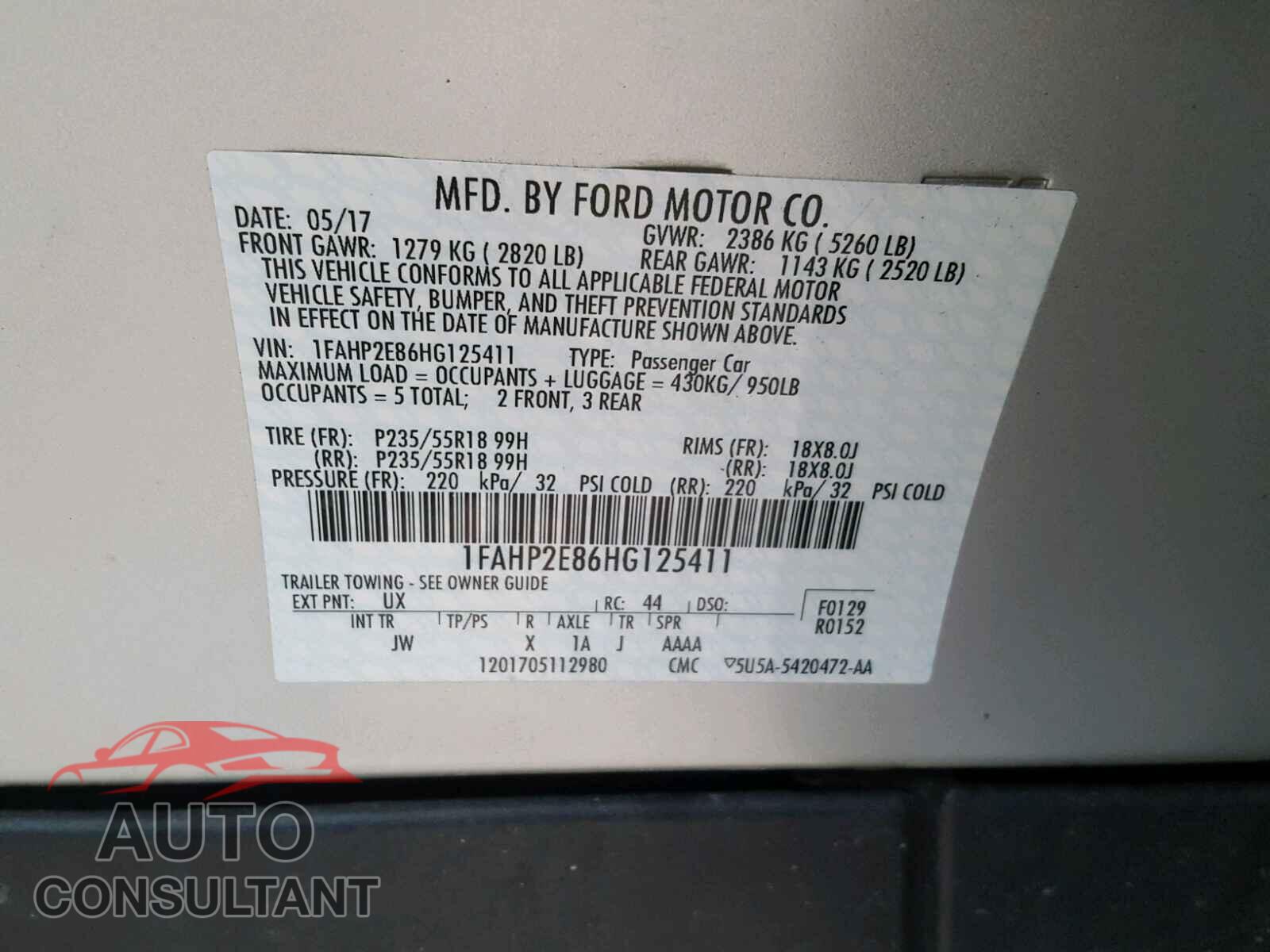 FORD TAURUS 2017 - 1FAHP2E86HG125411