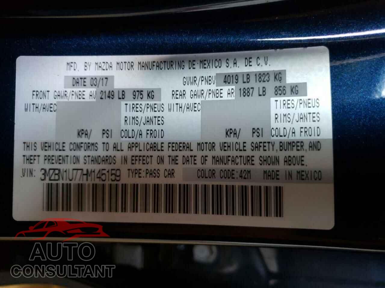 MAZDA 3 2017 - 3MZBN1U77HM145159