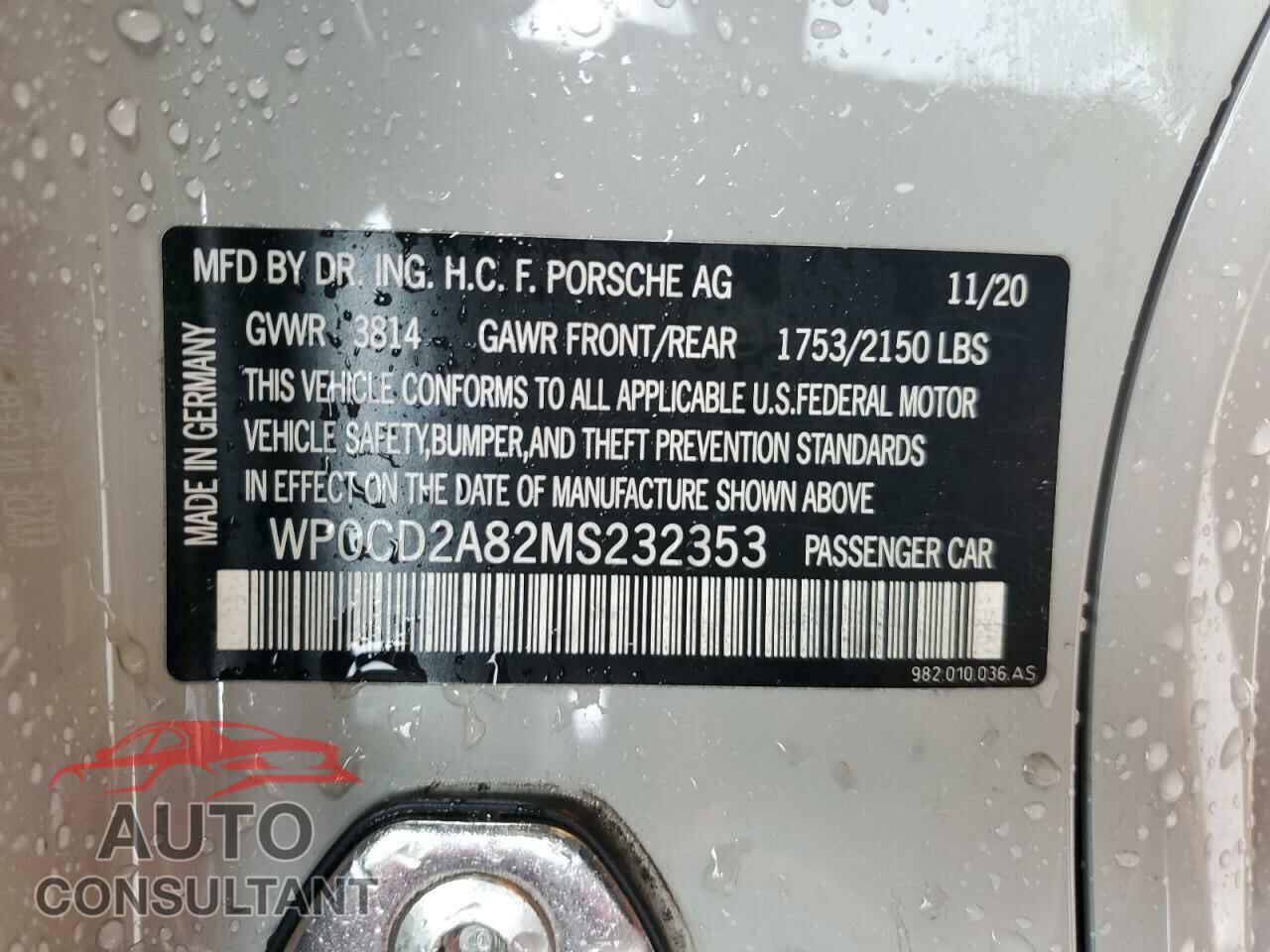 PORSCHE BOXSTER 2021 - WP0CD2A82MS232353