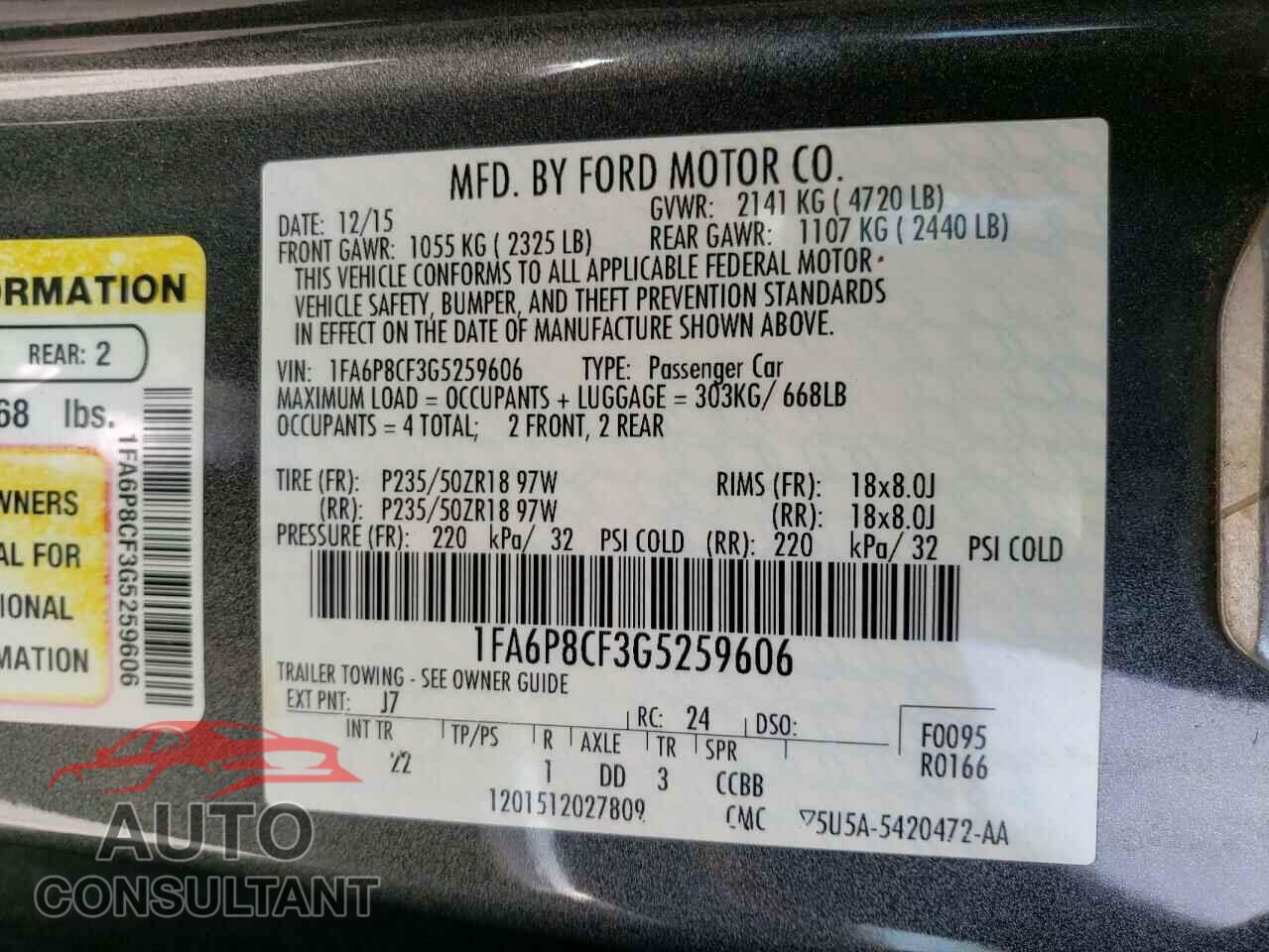 FORD MUSTANG 2016 - 1FA6P8CF3G5259606