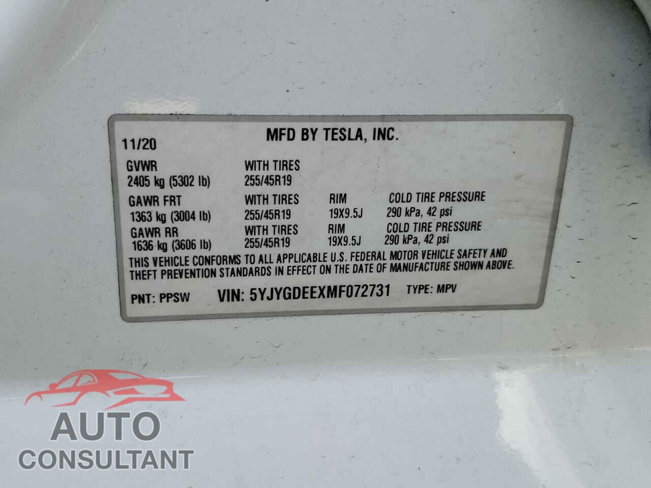 TESLA MODEL Y 2021 - 5YJYGDEEXMF072731