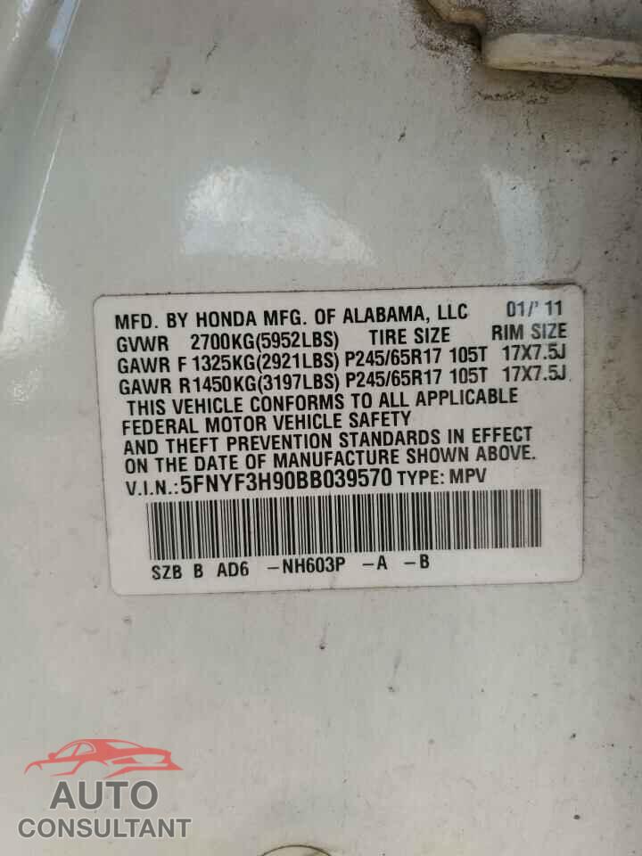 HONDA PILOT 2011 - 5FNYF3H90BB039570