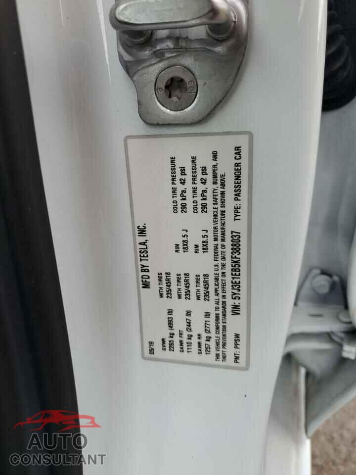 TESLA MODEL 3 2019 - 5YJ3E1EB5KF388037