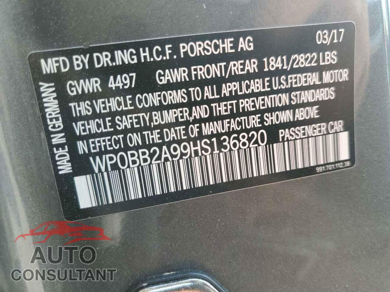 PORSCHE 911 2017 - WP0BB2A99HS136820
