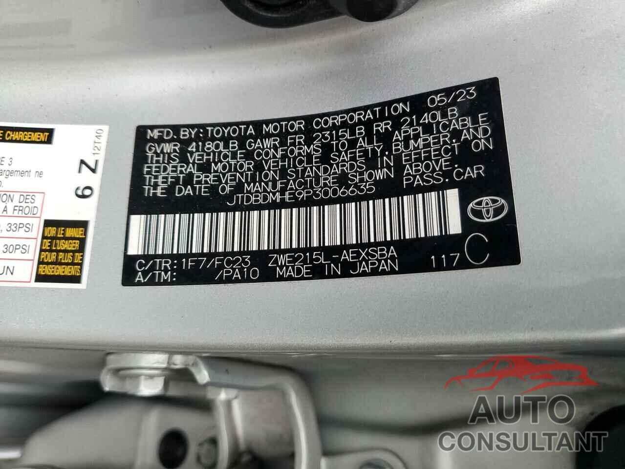 TOYOTA COROLLA 2023 - JTDBDMHE9P3006635