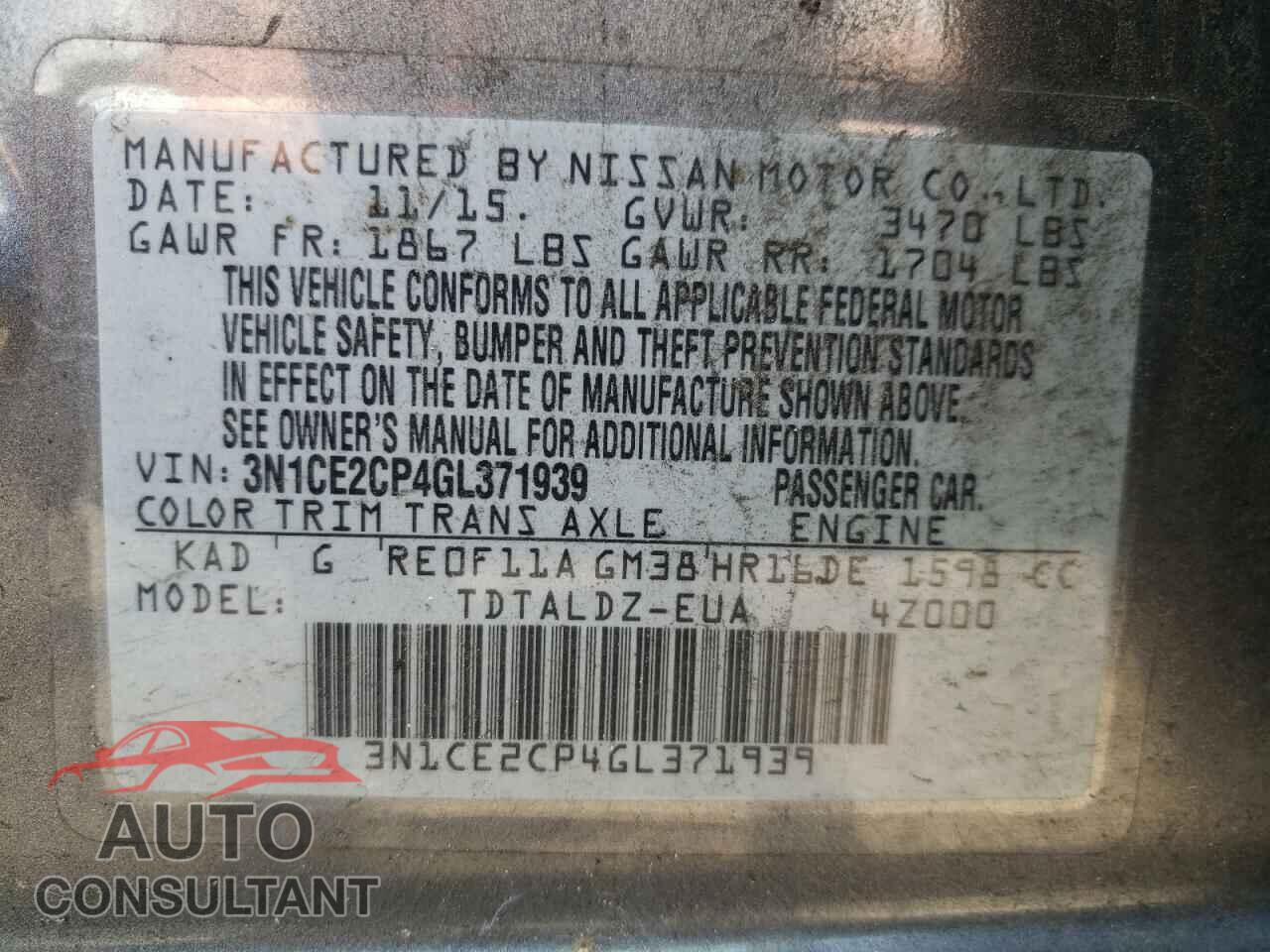 NISSAN VERSA 2016 - 3N1CE2CP4GL371939