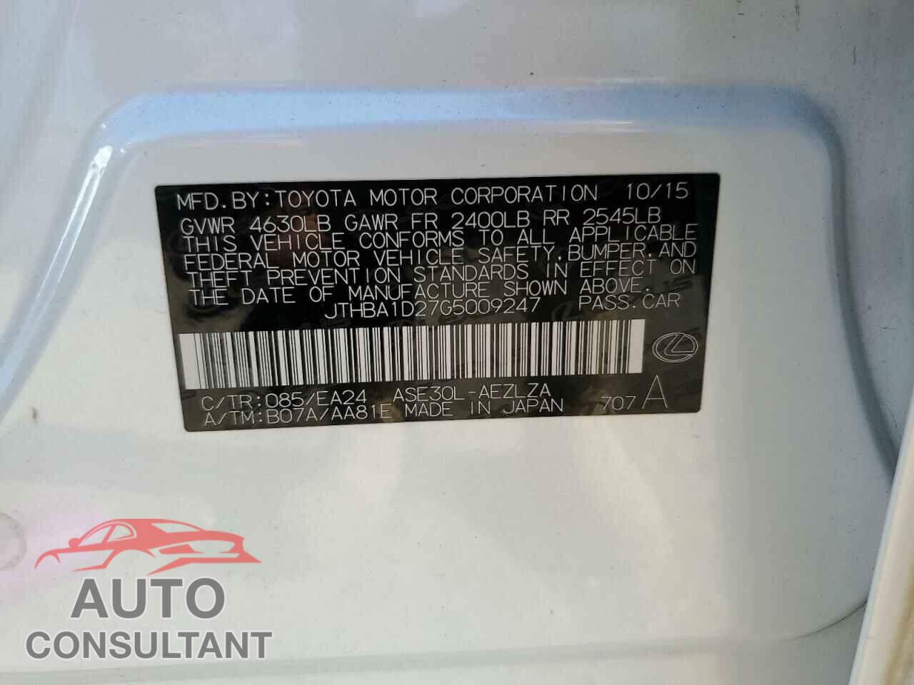 LEXUS IS 2016 - JTHBA1D27G5009247