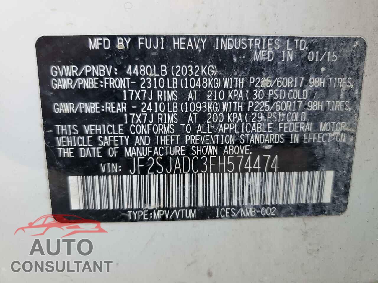SUBARU FORESTER 2015 - JF2SJADC3FH574474