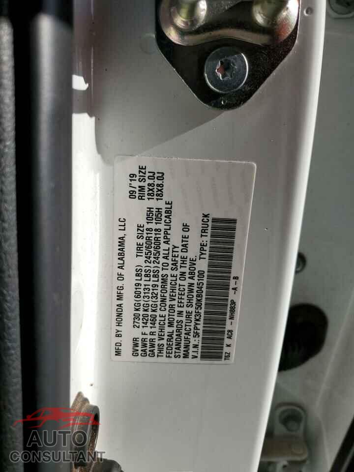 HONDA RIDGELINE 2019 - 5FPYK3F50KB045100