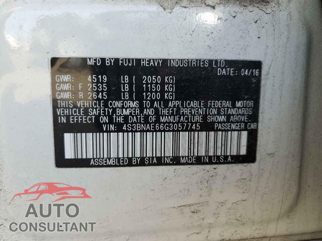 SUBARU LEGACY 2016 - 4S3BNAE66G3057745