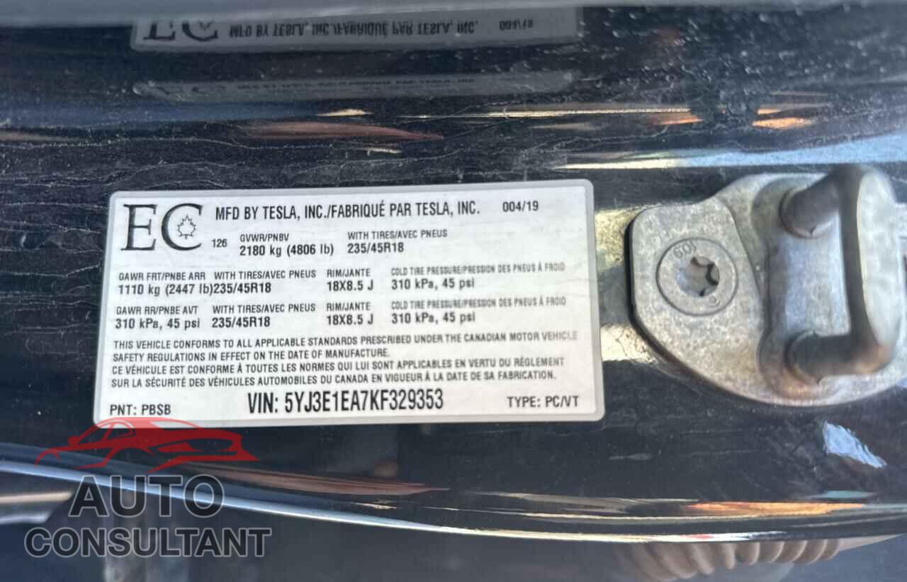 TESLA MODEL 3 2019 - 5YJ3E1EA7KF329353