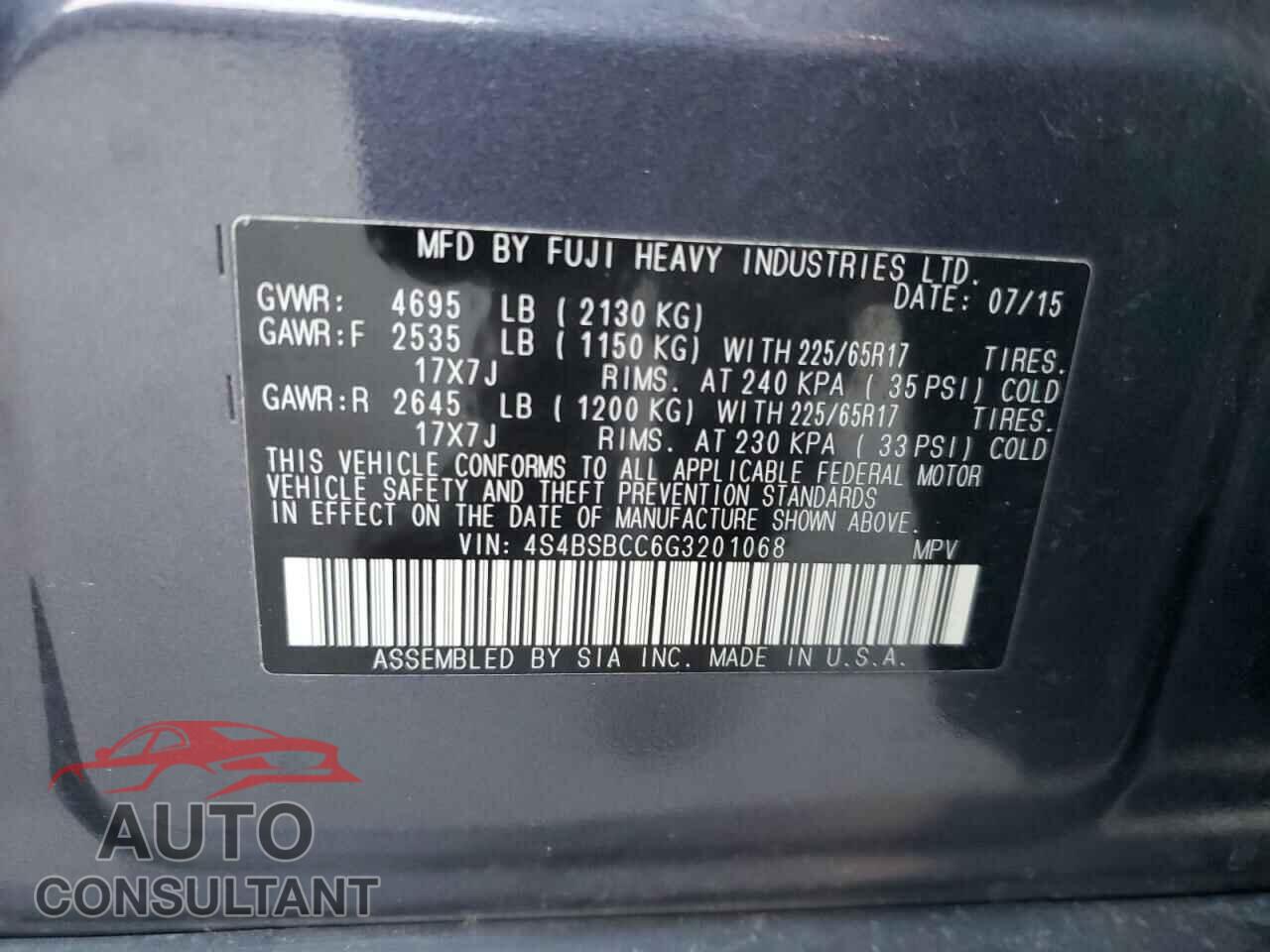 SUBARU OUTBACK 2016 - 4S4BSBCC6G3201068