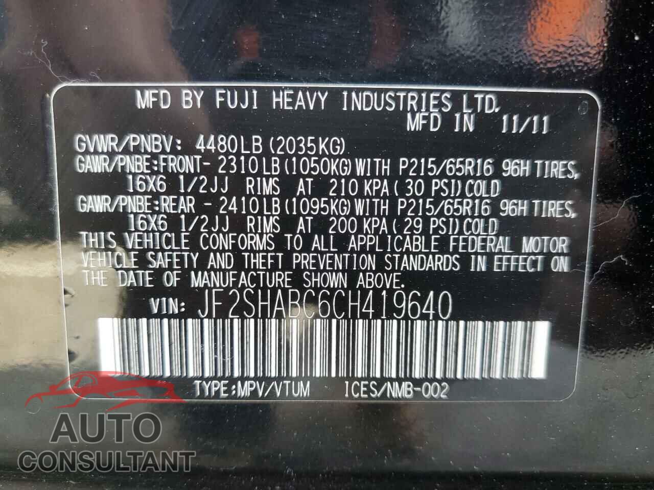 SUBARU FORESTER 2012 - JF2SHABC6CH419640