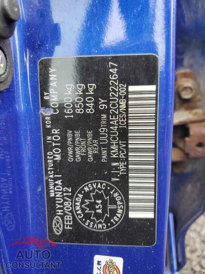 HYUNDAI ACCENT 2012 - KMHCU4AE2CU222647