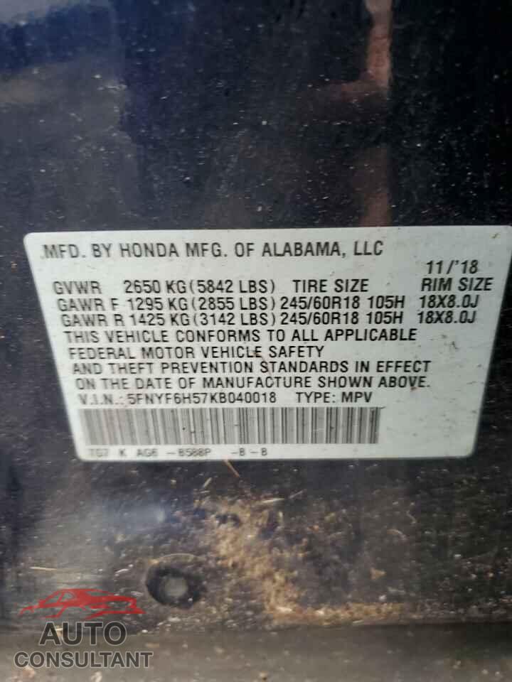 HONDA PILOT 2019 - 5FNYF6H57KB040018