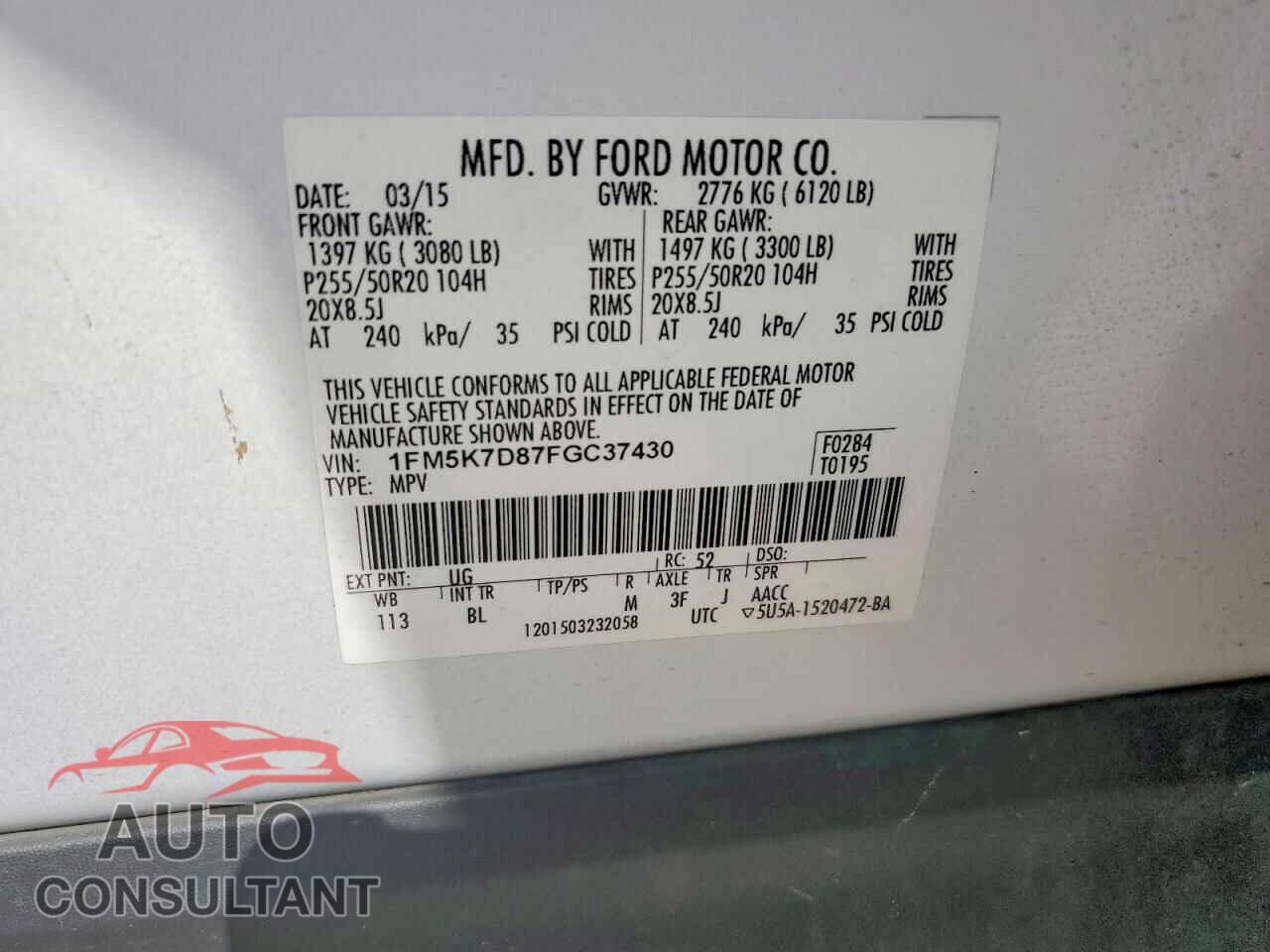 FORD EXPLORER 2015 - 1FM5K7D87FGC37430