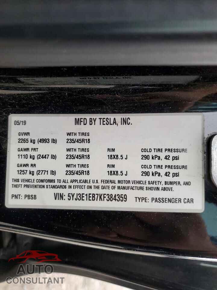 TESLA MODEL 3 2019 - 5YJ3E1EB7KF384359