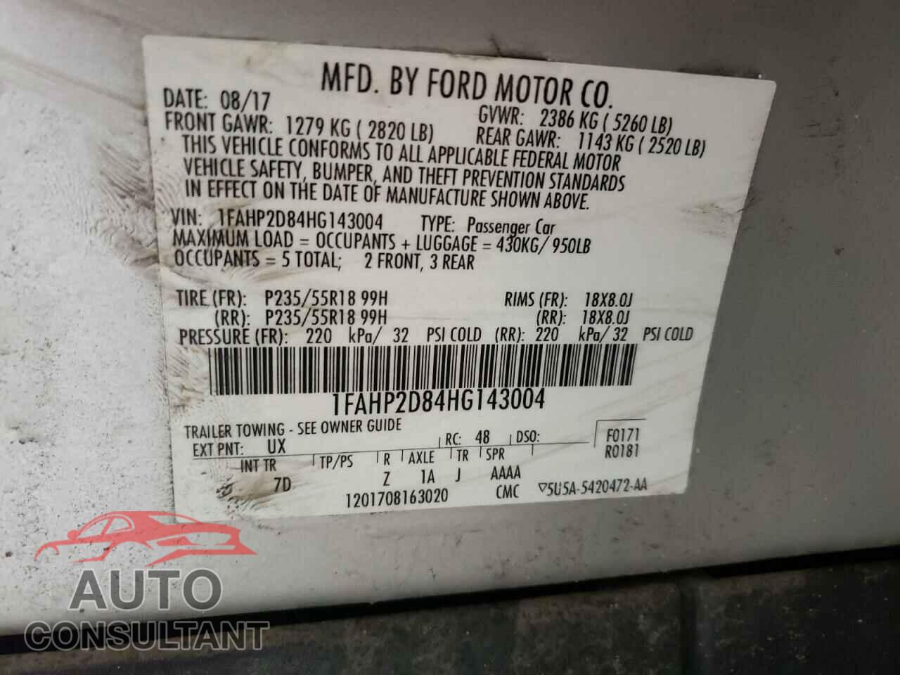 FORD TAURUS 2017 - 1FAHP2D84HG143004